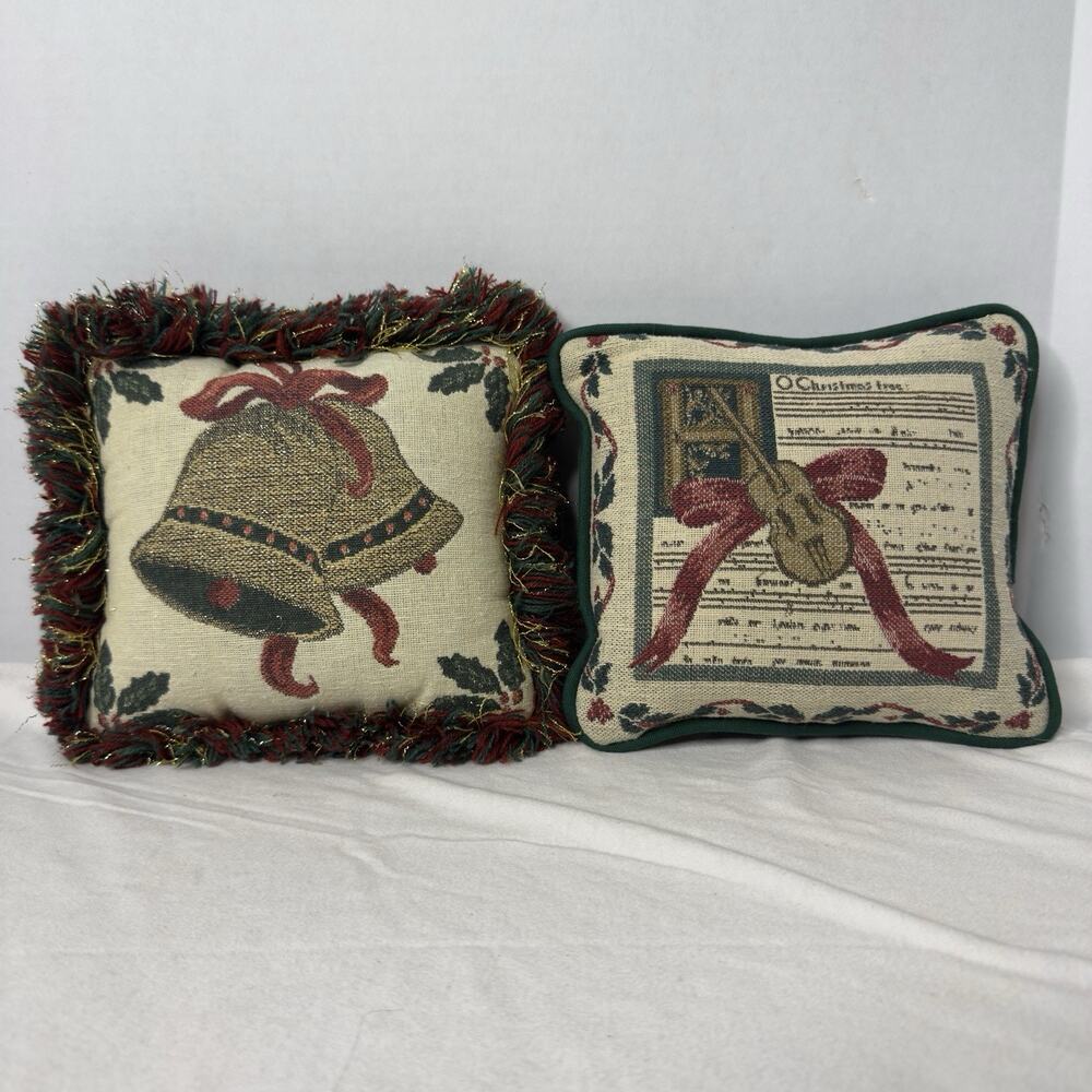 VTG (2) Riverdale Tapestry Decor Pillows Christmas Bells & O Christmas Tree